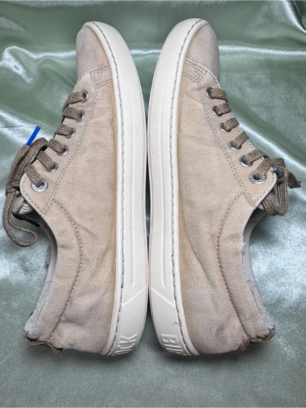 Birkenstock Vintage Canvas Lace Up Sneakers Tan Cream Blue Logo Tread EU 37 US 6 - Picture 4 of 12